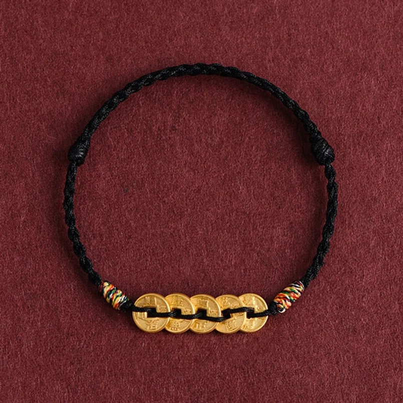 Black five copper coins string bracelet and anklet with protective ward evil energy design
