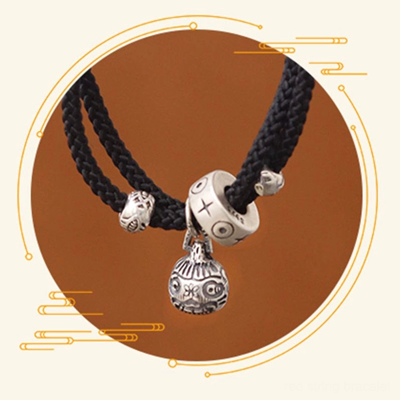 Double-layer black string bracelet with multiple silver pendants display