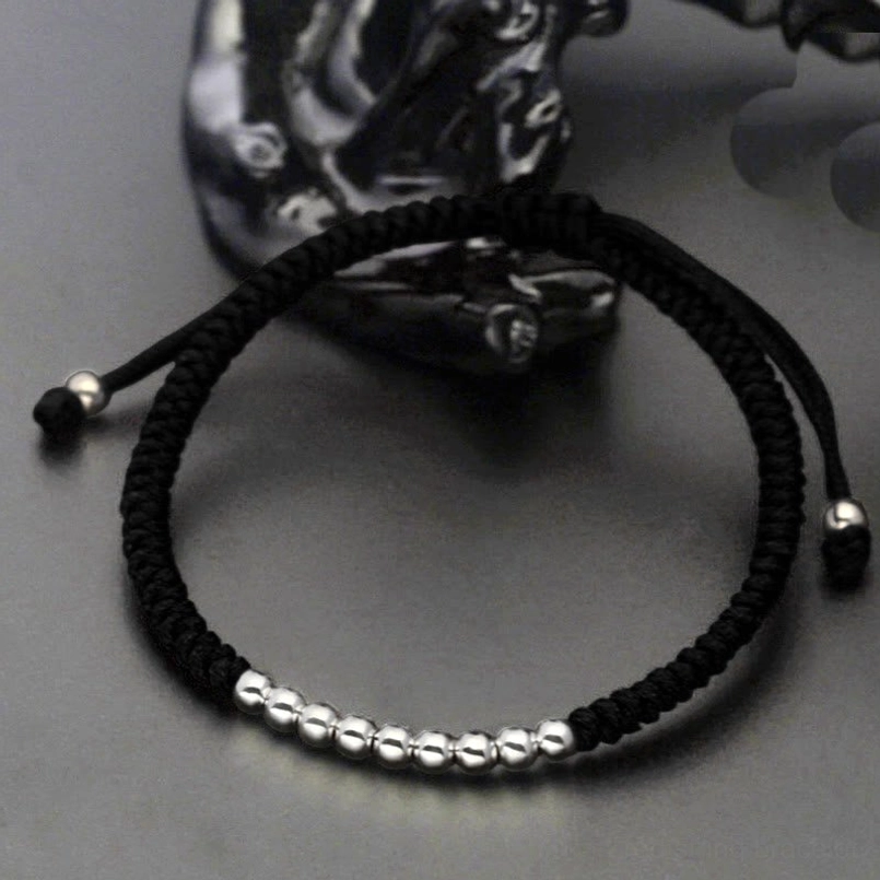 Black woven lucky bracelet with 925 sterling silver round beads