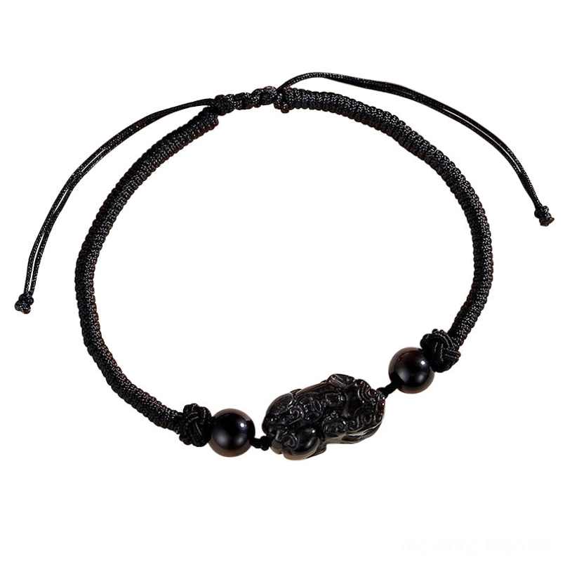 Black pixiu braided rope bracelet with silver sheen obsidian charm close-up detail