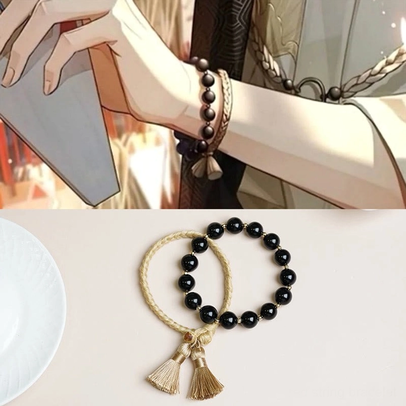 anime style black onyx beaded bracelet set with fantasy ancient background