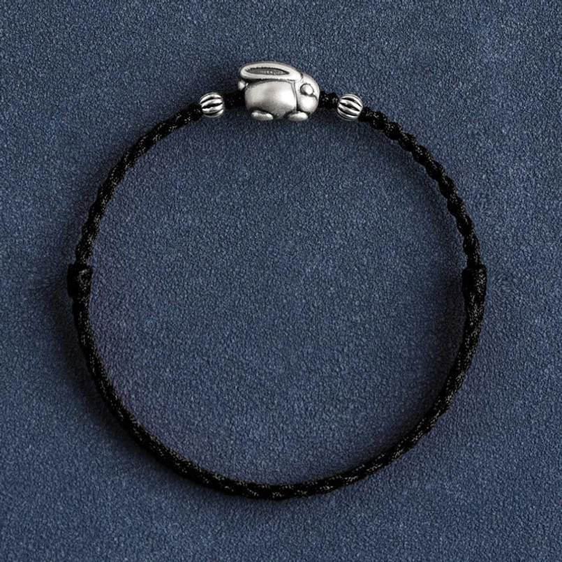 Black red string silver rabbit bracelet anklet versatile styling