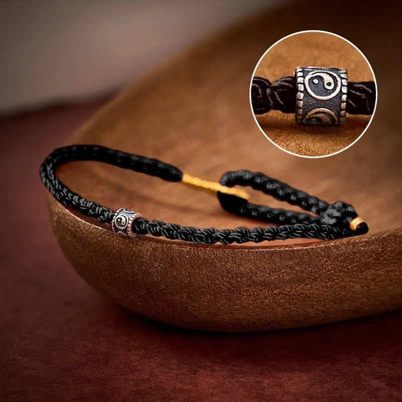 Black red string Yin Yang protection bracelet with sterling silver charm adjustable fit
