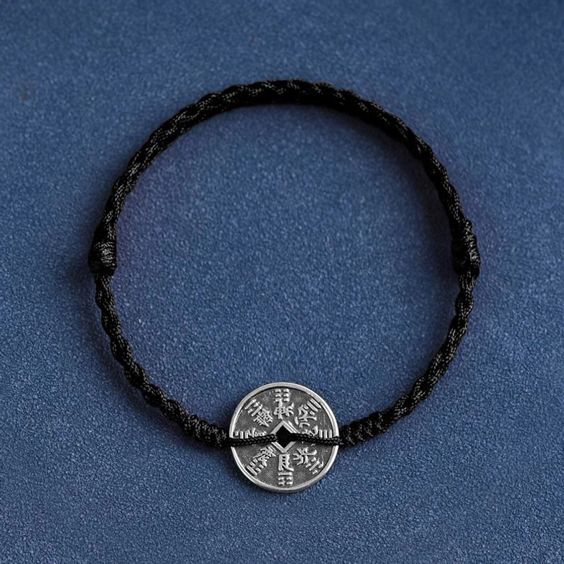 Black adjustable cord bracelet with 925 sterling silver coin vintage design