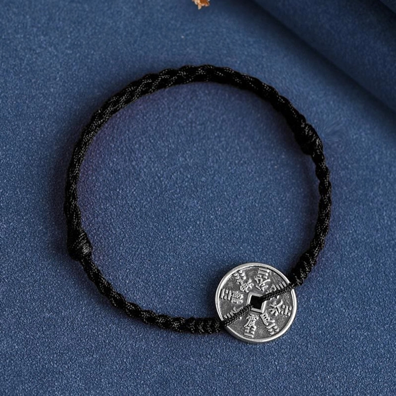 Black protective string bracelet and anklet with antique silver coin