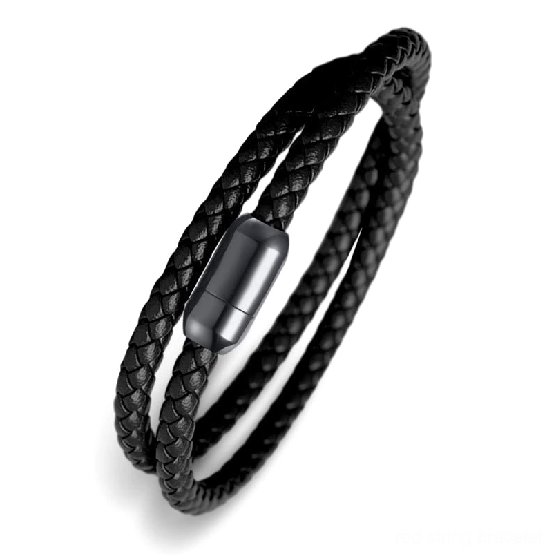 Black leather red string bracelet front oblique view showing braided texture and sleek design
