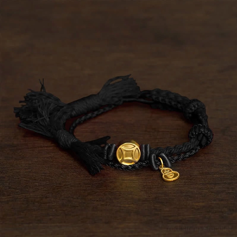 Black Rope Lucky Protection Bracelet with Gold Coin and Gourd Charms