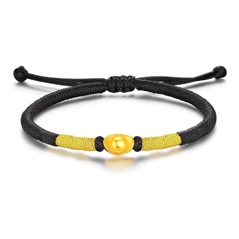Black string ingot luck bracelet with gold thread wraps and gold yuanbao pendant on white background
