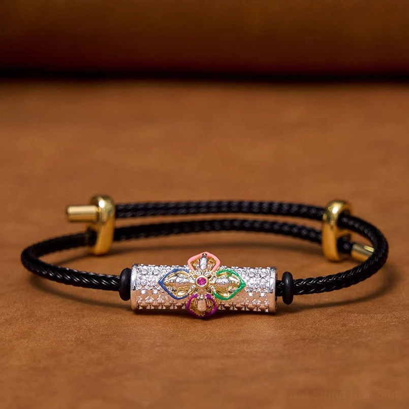 Black string protection bracelet with multiple enamel flower colors and copper base