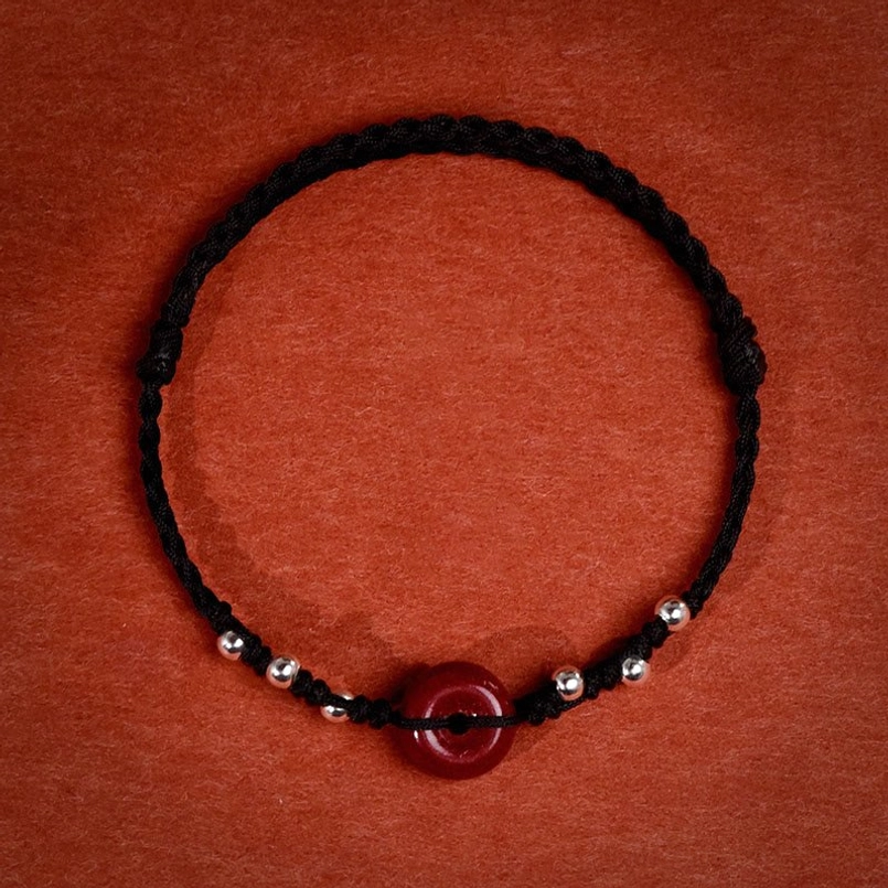 Black string peace buckle bracelet handmade protective talisman with cinnabar charm