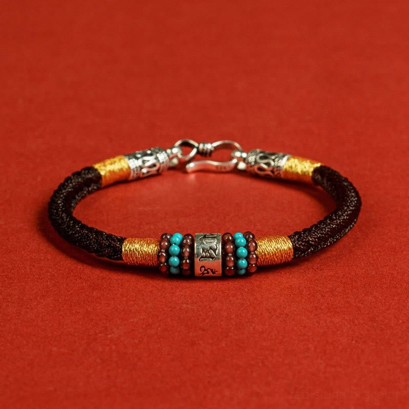 Single black rope Tibetan bracelet with 925 silver six true words charms and turquoise beads