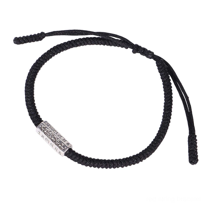 Black braided cord Tibetan mantra bracelet with engraved silver bead and sliding adjustable knots
