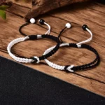 Black and white braided healing bracelets couples matching set with adjustable beads