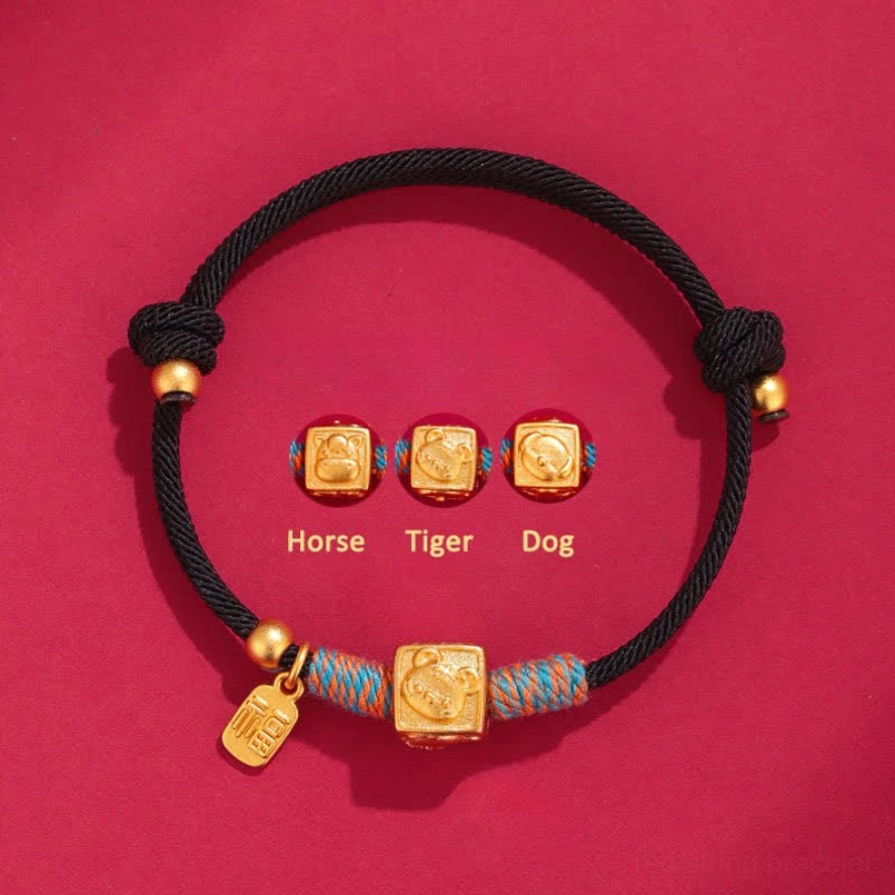 black braided cord lucky bracelet with Horse Tiger Dog sterling silver zodiac charm