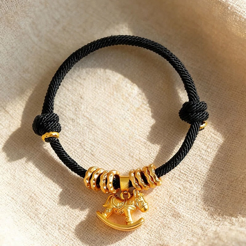 Blessed year of the horse red string bracelet with mantra knot close up view