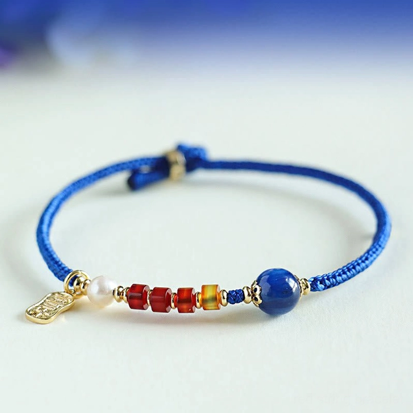 Blue aventurine red agate pearl joy lucky bracelet klein blue string design