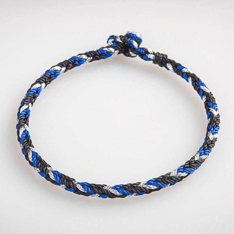 Blue-black-silver multicolored red string bracelet with neat twisted weave