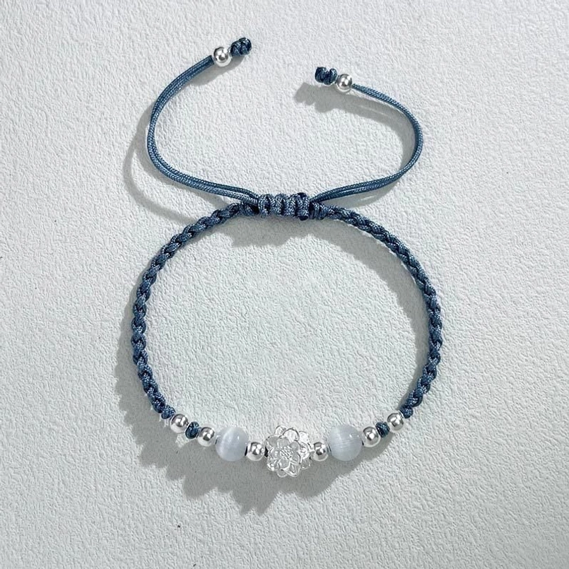 blue cat's eye bead 999 silver lotus red string bracelet product shot
