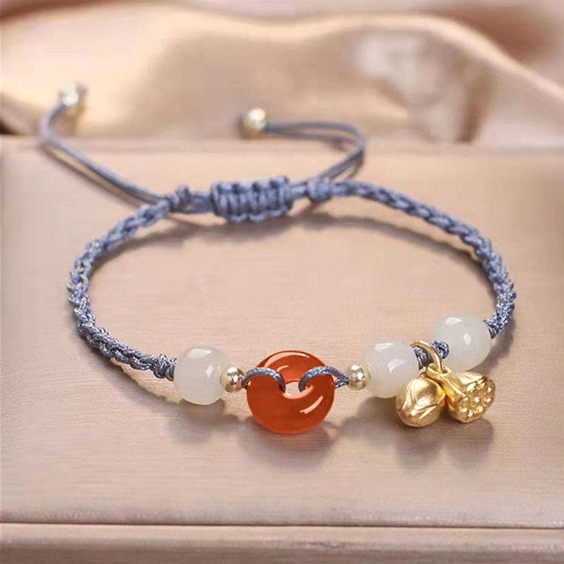 Blue braided red string bracelet red agate peace buckle jade lotus pendant