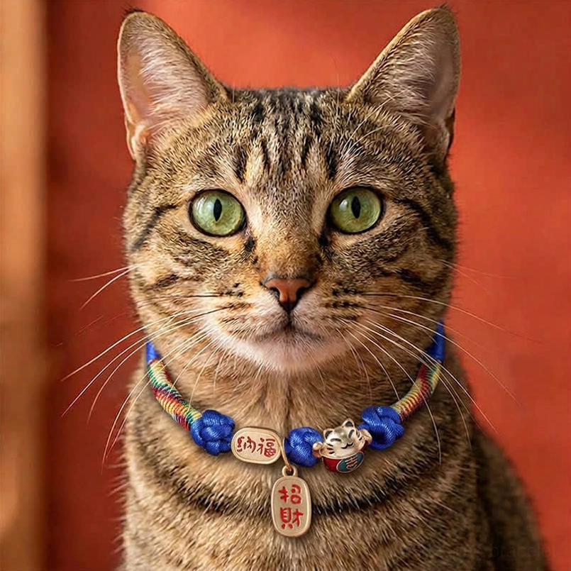 Blue Fu character protection pet collar with lucky cat charm worn on tabby cat