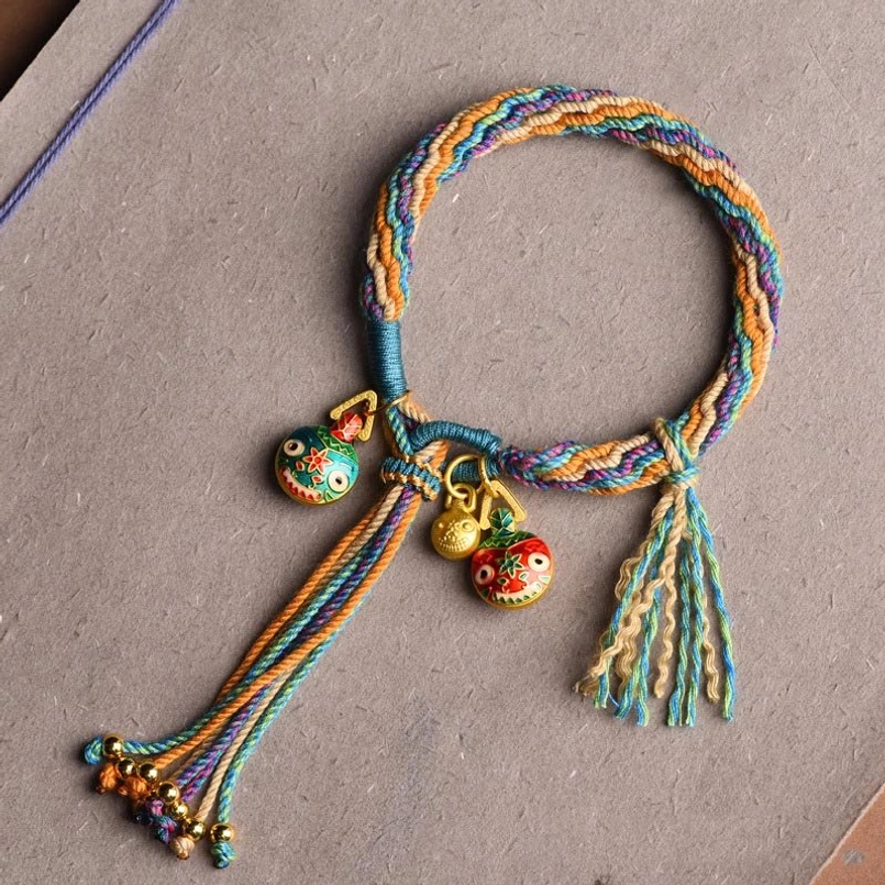 Blue colorful pixiu reincarnation knot bracelet with multicolor braided rope and enamel pendants