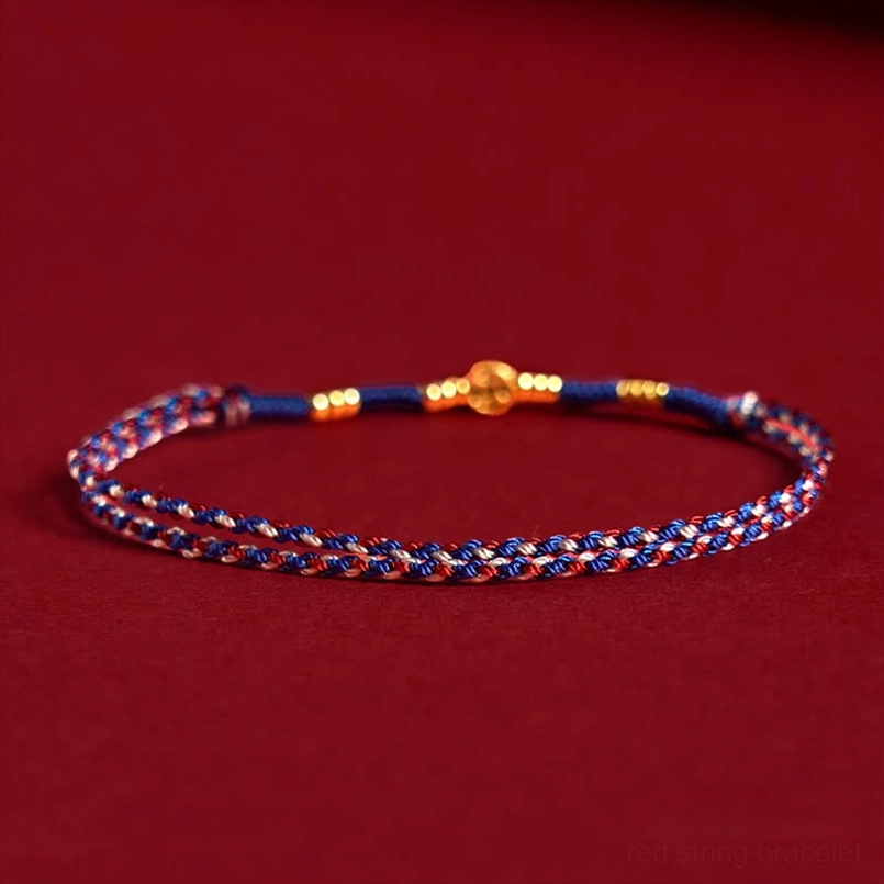 Blue and multi-color handmade braided bracelet with gold hardware accents, front view