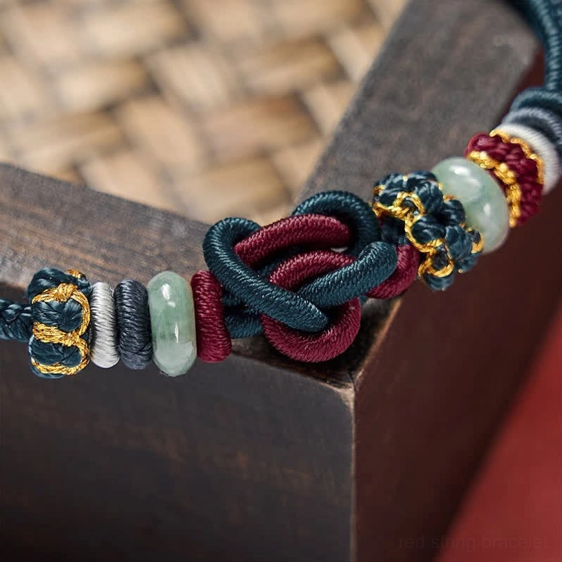 Blue red string jade prosperity bracelet with mixed color cord and beads