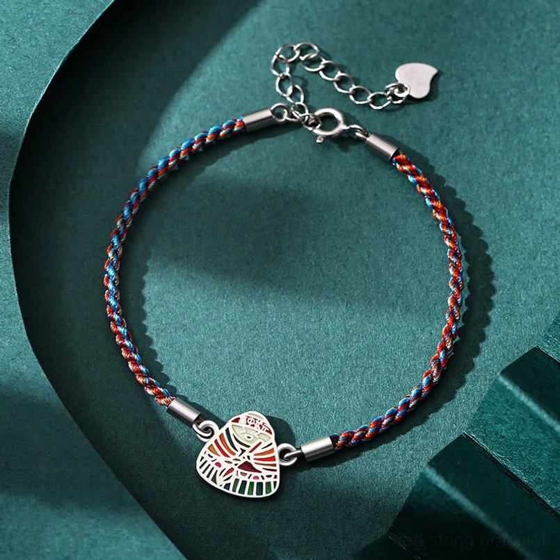 Blue red dual tone woven zongzi charm red string bracelet with heart extension tag