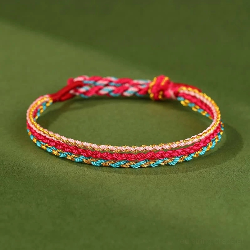Blue red and yellow braided string bracelet with adjustable slip knot on green background