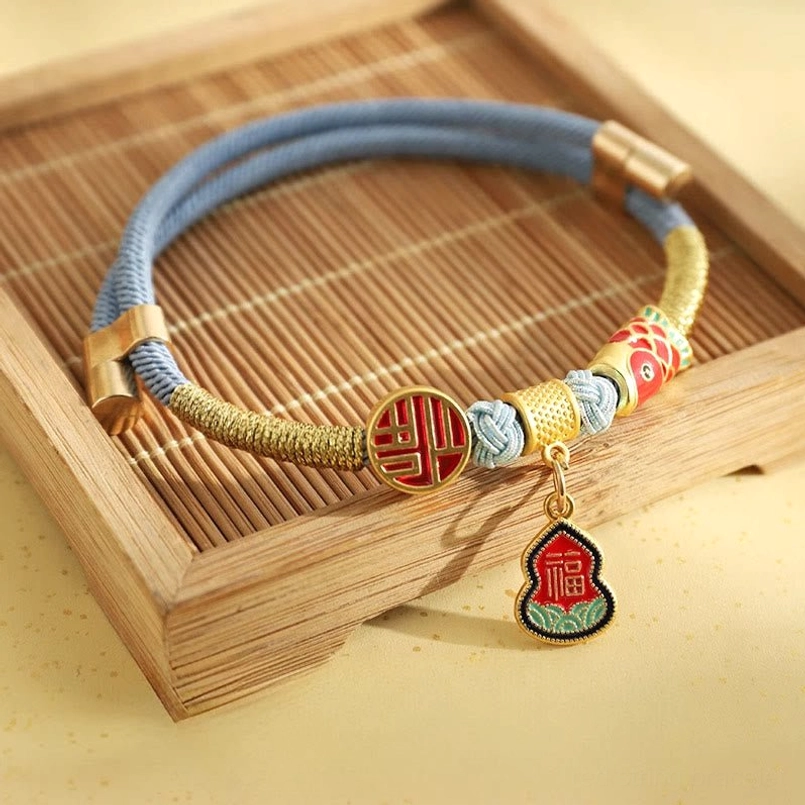 Blue rope adjustable pet collar with metal blessing charm and Fu character