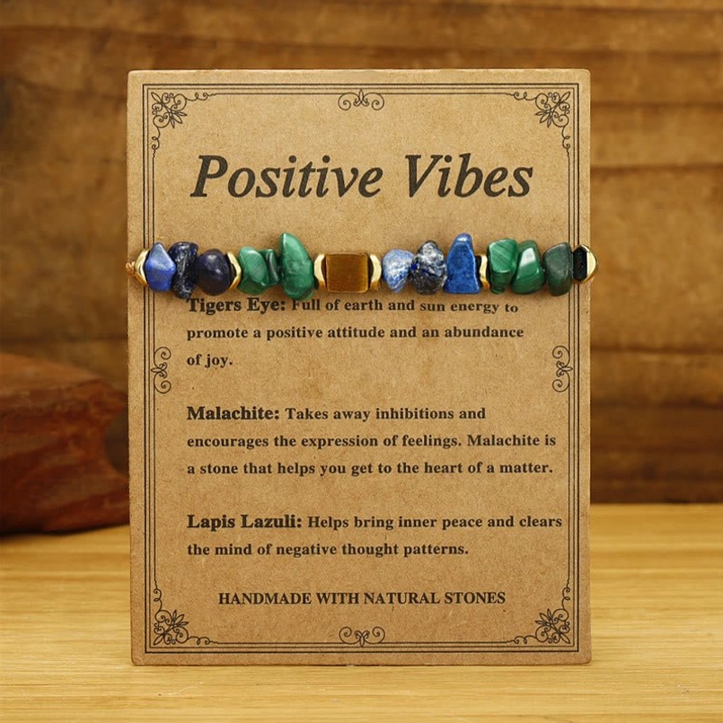 Healing stone bracelet information card displaying malachite tiger's eye lapis lazuli benefits and properties