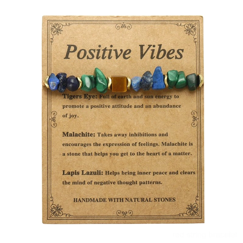 Positive Vibes healing stone bracelet card with complete stone benefit descriptions and bead samples