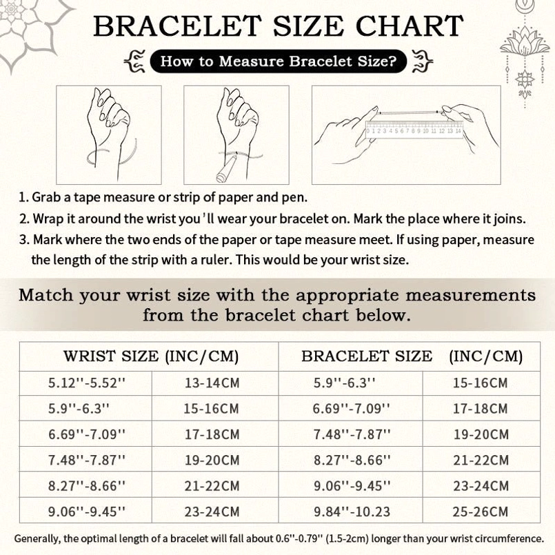 Bracelet size measurement guide showing wrist circumference sizing chart from 14-26 cm for proper fit
