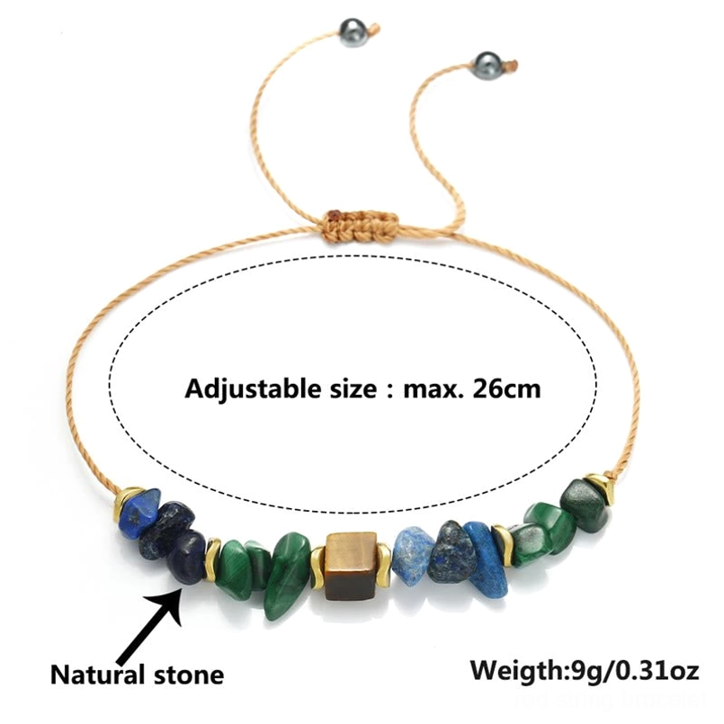 Adjustable natural stone bracelet on white background with size measurement 26cm and weight 9g specifications