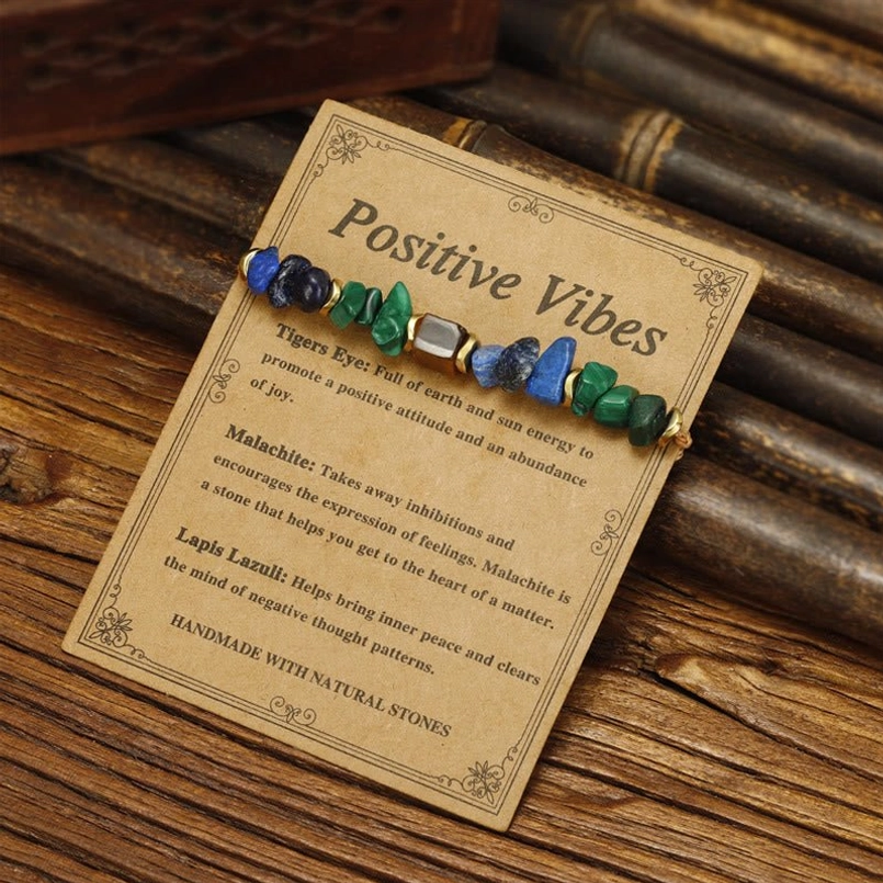 Natural stone bracelet details on wooden background showing malachite bead samples and efficacy descriptions