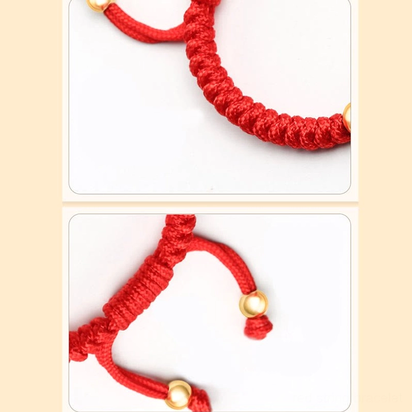 Red braided cotton cord close-up macro showing King Kong knot weave and adjustable bead