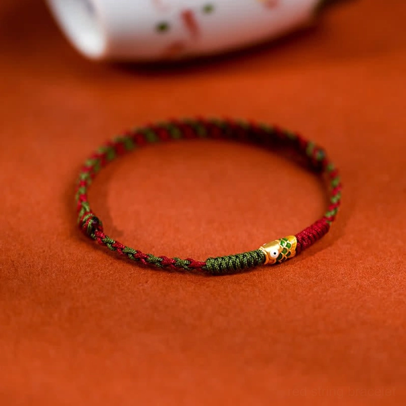 Red green twisted cord koi fish bracelet with enamel gold charm