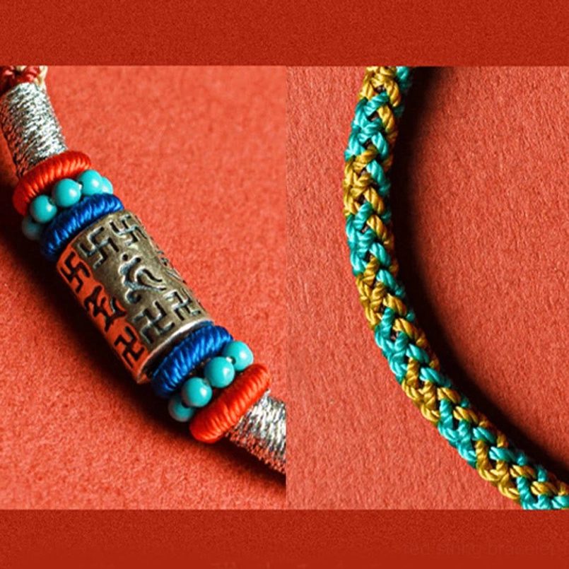 Detailed braided texture of Om Mani Padme Hum string bracelet split close up