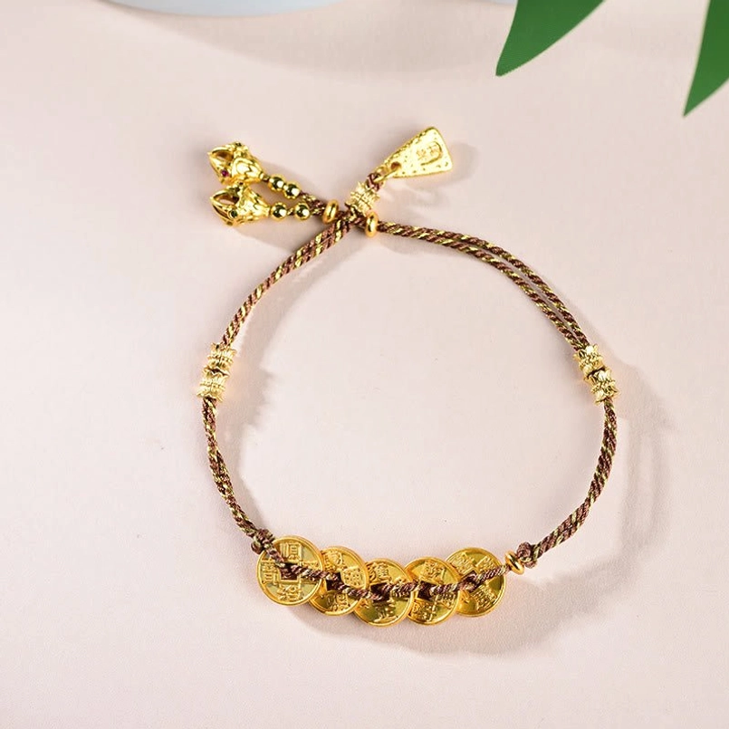 Brown Five-Emperor Coins red string bracelet symbolizing grounding and stability