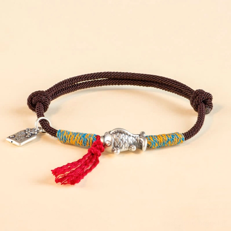 Brown red string koi fish bracelet earthy tone color option sterling silver