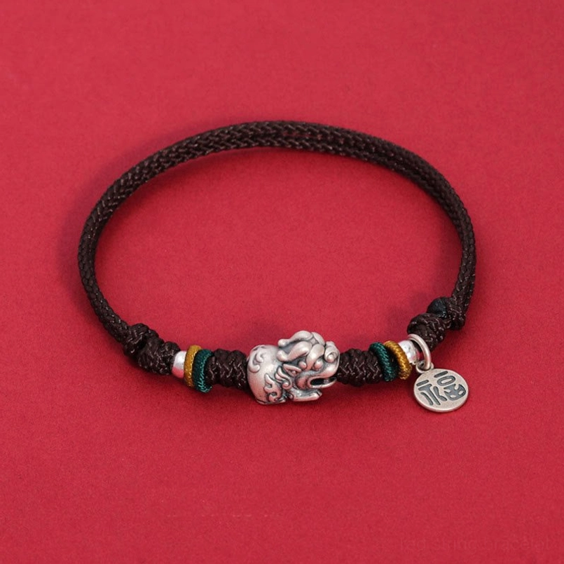 Brown rope Pixiu Fu wealth sterling silver bracelet - flat lay display