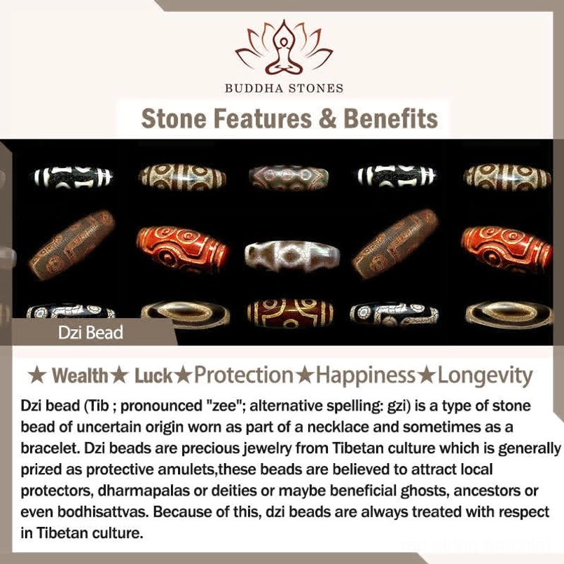 Buddha Stones Dzi Bead red string bracelet product promotional page with benefit intro