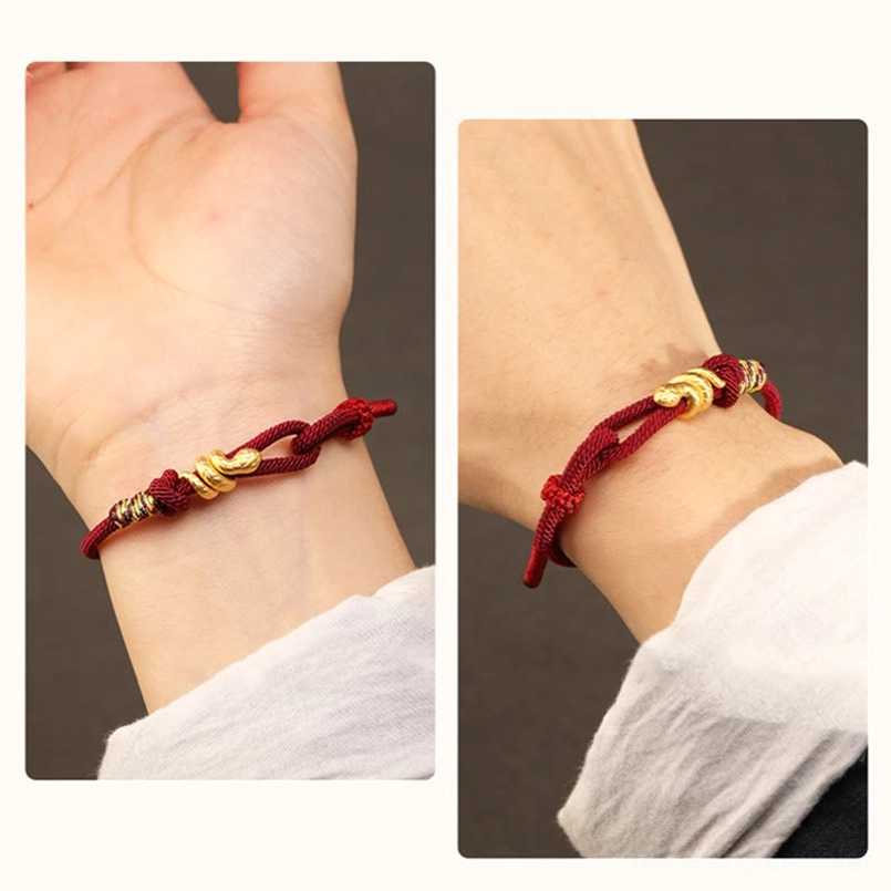 burgundy gold snake red string bracelet two wearing display angles on white clothing