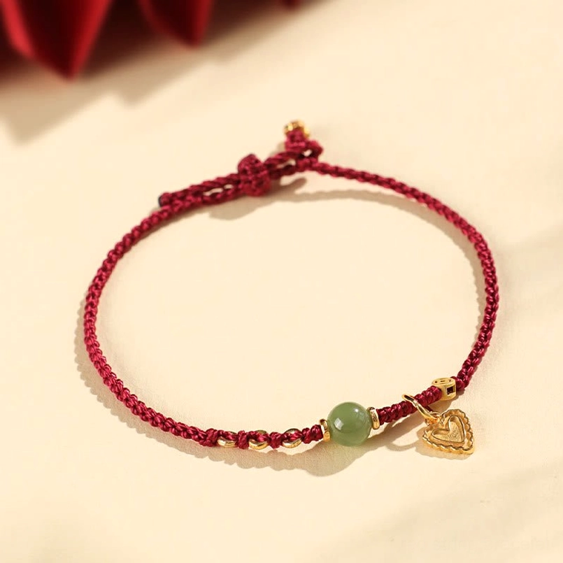 Minimalist burgundy red string bracelet hetian jade charm