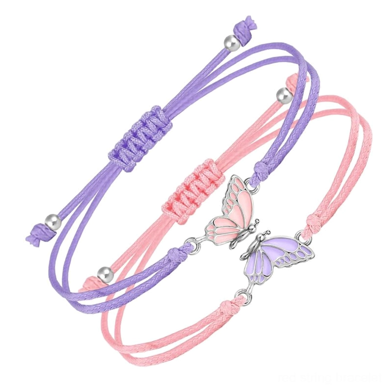 Purple and pink gradient butterfly braided bracelets - matching pair with complementary enamel charms