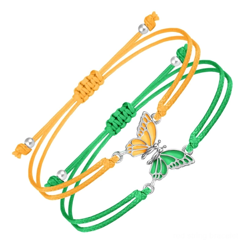 Yellow-green and orange woven butterfly bracelet pair - two-tone enamel charm handmade rope design