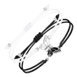Black and white butterfly couples bracelet set with enamel dual-color charm - handmade red string friendship bracelets