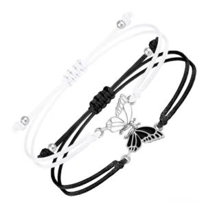Black and white butterfly couples bracelet set with enamel dual-color charm - handmade red string friendship bracelets