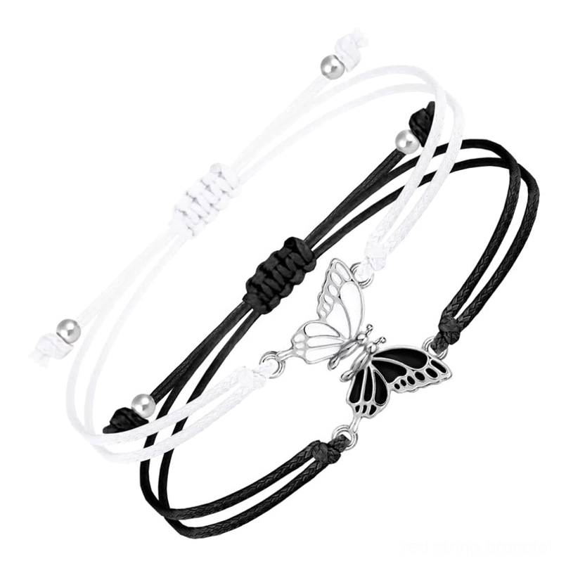 Black and white butterfly couples bracelet set with enamel dual-color charm - handmade red string friendship bracelets
