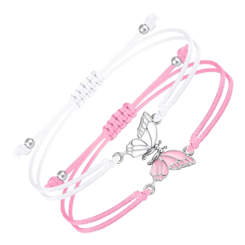 White and pink handmade butterfly couples bracelet with silver enamel pendant - adjustable wrist size